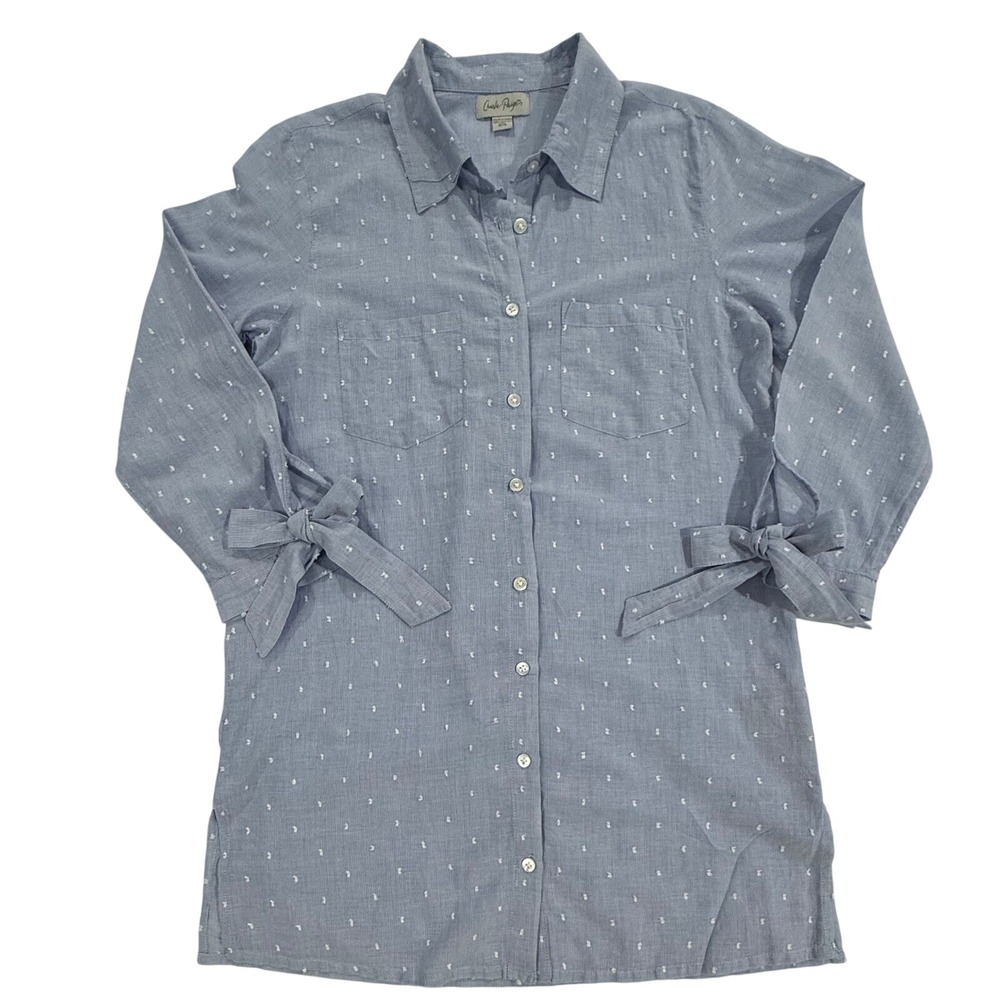 Charlie Paige Womens Blue Button Down Shirt Top 3/4 Tie Sleeve Dot Print M 253